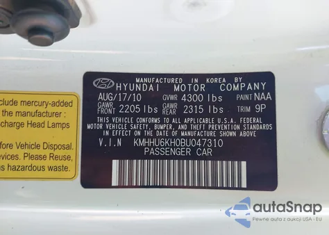 2011 Hyundai Genesis 3.8 Track from USA, damaged, VIN KMHHU6KH0BU047310